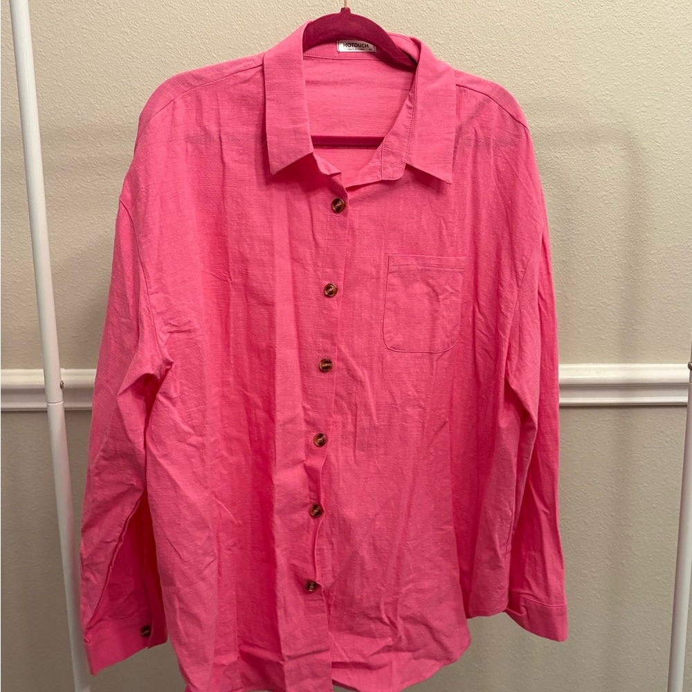 XXL Bright Pink Linen Button-Up Shirt - Picture 2 of 4